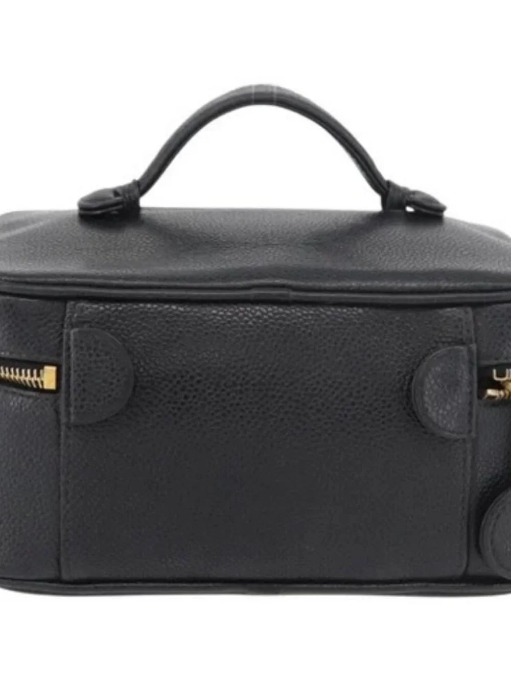CHANEL Vanity Cosmetic Pouch Grained Calf Skin Black Gold CC Auth 175587